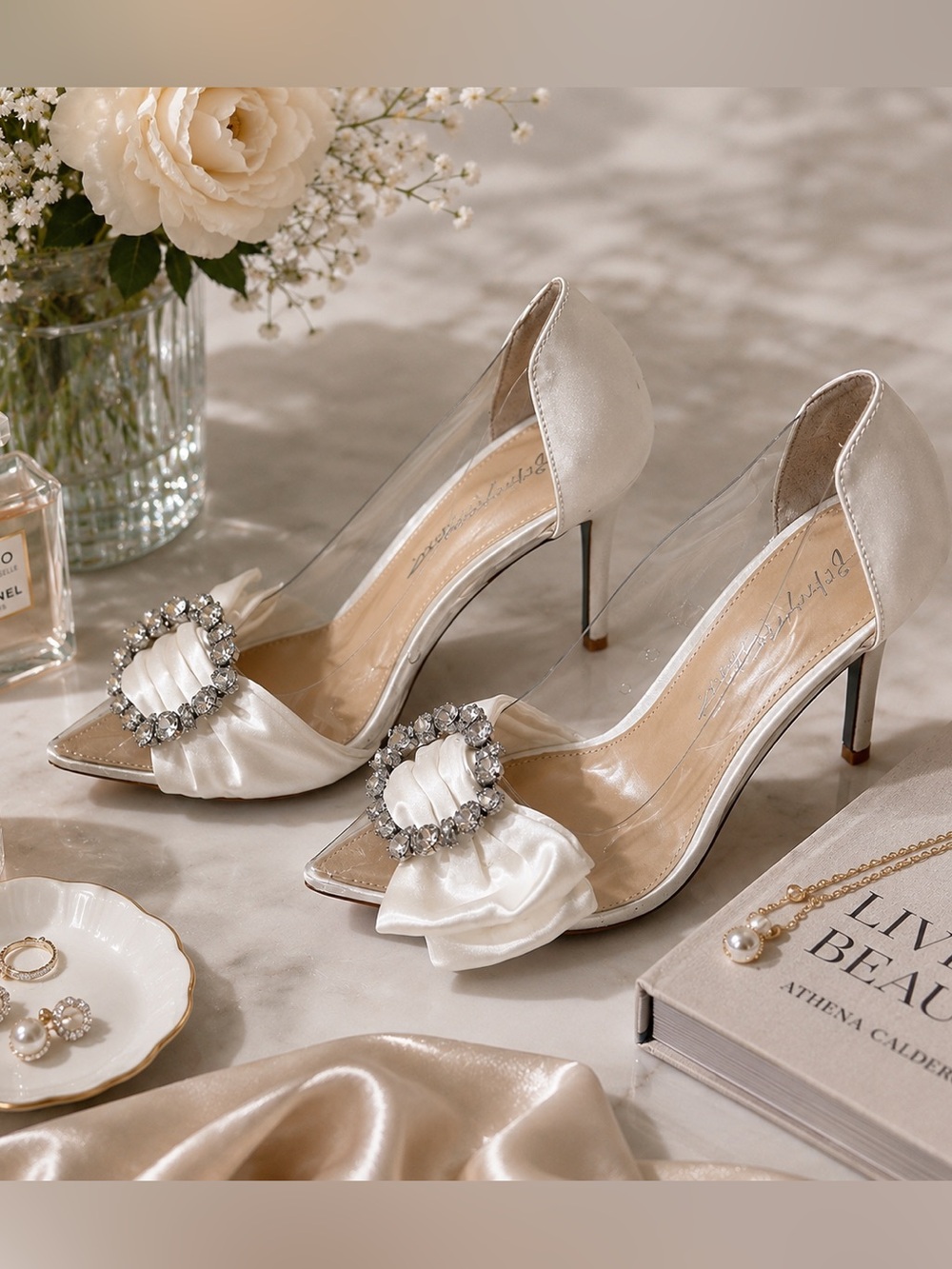 Betsey Johnson Moxie Ivory Satin Bow Rhinestone Pumps Size 8